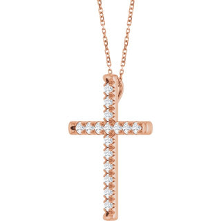 14K Rose 3/4 CTW Natural Diamond French-Set Cross 16-18" Necklace