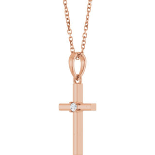 14K Rose .03 CT Natural Diamond Cross 16-18" Necklace 