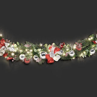 6'L 100L Silver/Red Garland With Bows - 6/18 Timer