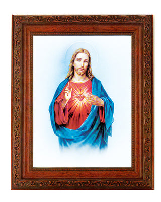 Sacred Heart In Ornate Wood Frame 10" X 12"