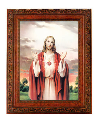 Sacred Heart In Ornate Wood Frame 10" X 12"