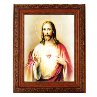 Sacred Heart In Ornate Wood Frame 10" X 12"