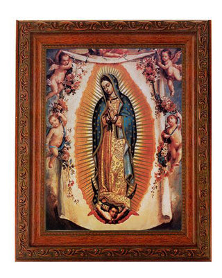 Our Lady Of Guadalupe with Angels Ornate Wood Frame 10" X 12"