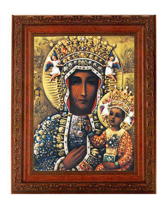 Our Lady Of Czestochowa In Ornate Wood Frame 10" X 12"
