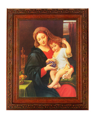 Madonna Of The Grapes In Ornate Wood Frame 10" X 12"
