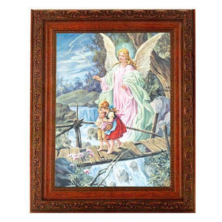 Guardian Angel In Ornate Wood Frame 10" X 12"