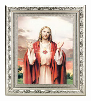Sacred Heart In Ornate Silver Frame 10" X 12"