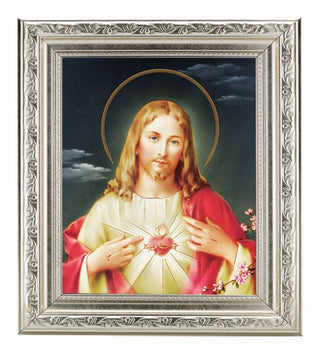 Sacred Heart Of Jesus In Silver Frame 10" X 12"