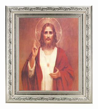 Sacred Heart In Ornate Silver Frame 10" X 12"