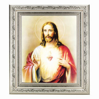 Sacred Heart In Ornate Silver Frame 10" X 12"
