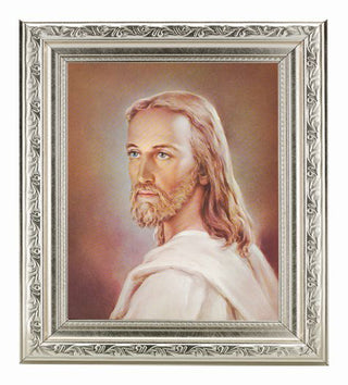 Head Of Christ In Ornate Silver Frame 10" X 12"