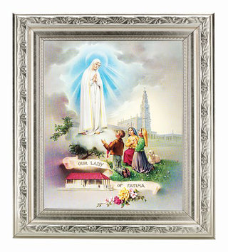 Our Lady Of Fatima In Ornate Silver Frame 10" X 12"