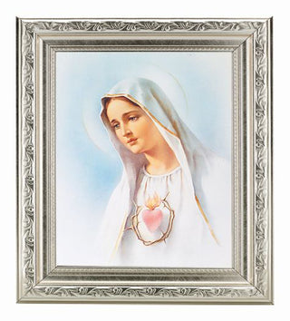 Immaculate Heart In Ornate Silver Frame 10" X 12"