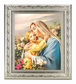 Madonna And Child In Ornate Silver Frame 10" X 12"