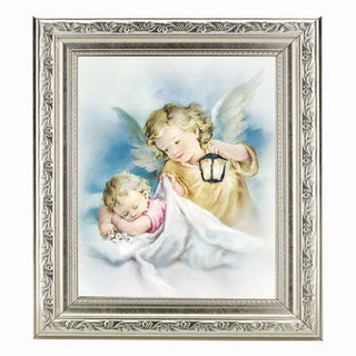 Guardian Angel In Ornate Silver Frame 10" X 12"