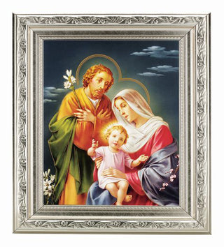 The Holy Family In Ornate Silver Frame 10" X 12"