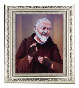 Saint Pio In Ornate Silver Frame 10" X 12"