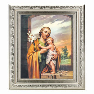 Saint Joseph In Ornate Silver Frame 10" X 12"