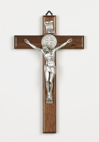 10 inch Nut Wood Saint Benedict Crucifix with Silver Corpus Boxed - main product image | CatholicShop.com