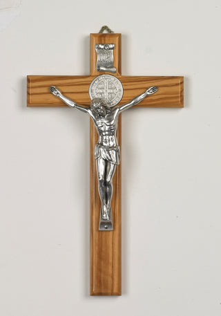 10 inch Olive Wood Saint Benedict Crucifix with Silver Corpus Boxed - main product image | CatholicShop.com