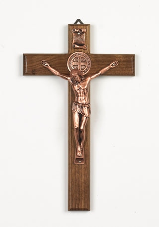 10 inch Nut Wood Saint Benedict Crucifix with Bronze Corpus Boxed - main product image | CatholicShop.com