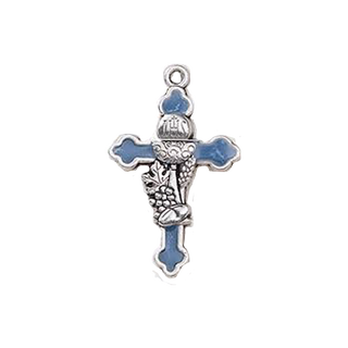 Bulk 1.14" Silver Tone and Blue Enamel First Holy Communion Cross