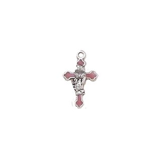 Bulk .75" Silver Tone Pink Enamel First Holy Communion Cross