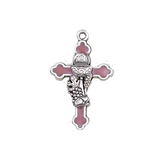 Bulk 1.14" Silver Tone and Pink Enamel First Holy Communion Cross