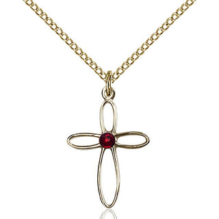 14kt Gold Filled Loop Cross Pendant with a 3mm Garnet Swarovski stone on an 18-inch Gold Filled Light Curb Chain