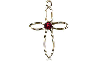 14kt Gold Loop Cross Medal with a 3mm Garnet Swarovski stone