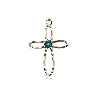 14kt Gold Loop Cross Medal with a 3mm Emerald Swarovski stone