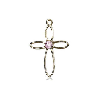 14kt Gold Loop Cross Medal with a 3mm Light Amethyst Swarovski stone