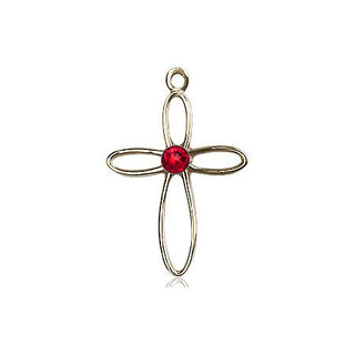 14kt Gold Loop Cross Medal with a 3mm Ruby Swarovski stone