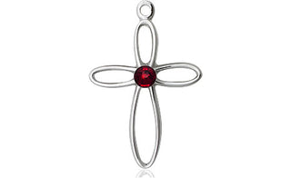 Sterling Silver Loop Cross Pendant with a 3mm Garnet Swarovski stone on an 18-inch Sterling Silver Light Curb Chain