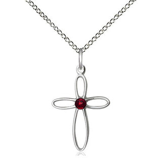 Sterling Silver Loop Cross Pendant with 3mm Garnet Swarovski stone Necklace