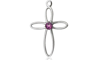 Sterling Silver Loop Cross Pendant with a 3mm Amethyst Swarovski stone on an 18-inch Sterling Silver Light Curb Chain