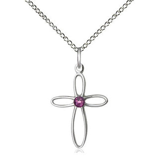 Sterling Silver Loop Cross Pendant with 3mm Amethyst Swarovski stone Necklace