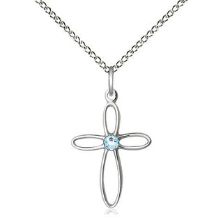 Sterling Silver Loop Cross Pendant with 3mm Aqua Swarovski stone Necklace
