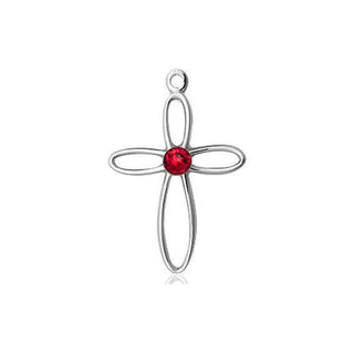 Sterling Silver Loop Cross Pendant with a 3mm Ruby Swarovski stone on an 18-inch Sterling Silver Light Curb Chain