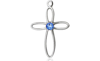 Sterling Silver Loop Cross Pendant with a 3mm Sapphire Swarovski stone on an 18-inch Sterling Silver Light Curb Chain