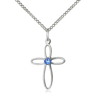 Sterling Silver Loop Cross Pendant with 3mm Sapphire Swarovski stone Necklace
