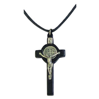 2 1/2 inch Saint Benedict Wooden Cross with Silver-tone Crucifix and Black Cord 3-pack