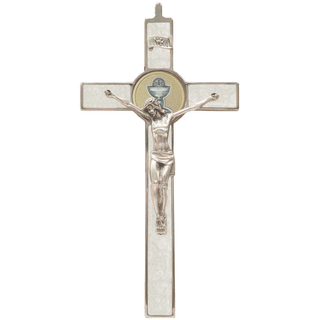 8 Inch Premium Silver Tone Imitation Mother Of Pearl First Communion Wall Cross With Corpus