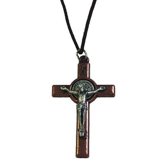 3 inch Saint Benedict Wooden Cross with Bronze-tone Crucifix and Black Cord 3-pack