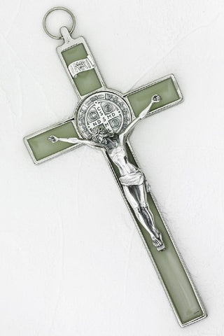 8 inch Luminous Silver St Benedict Hanging Crucifix Boxed