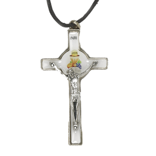 3 Inch First Communion White Epoxy Chalice Cross With Cord Boxed