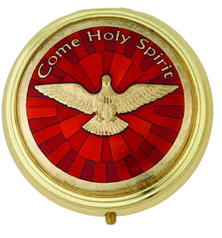 Red Enamel with Gold Toned Holy Spirit Pyx. Approx. 2-1/4 inch. Made in Italy. Boxed