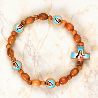 6-Pack - StTherese Wooden Cord Bracelet with enameled pictures of St Therese and 6mm beads