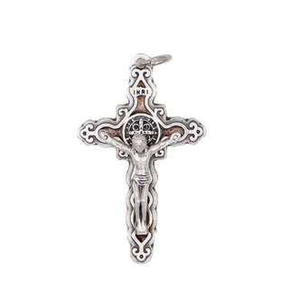 Intricate Modern St. Benedict Crucifix - Silver Tone - Brown Enamel