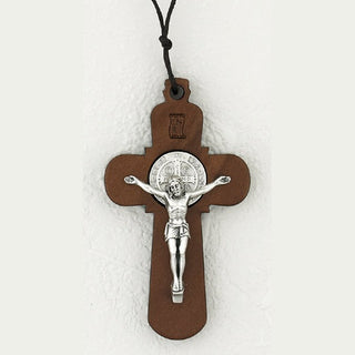 3 inch Brown Wood St Benedict Cross with Cord and Leaflet